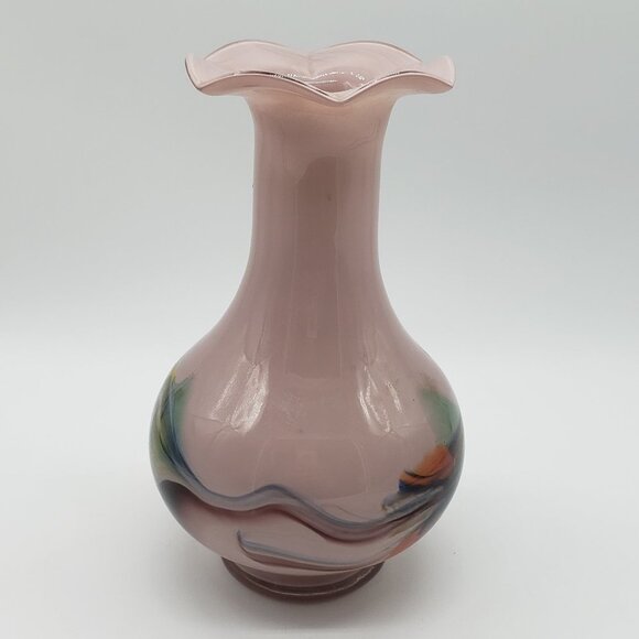 Satin Pink or Violet Multicoloured Swirls Spots Crimped Top Art Glass Vase - Picture 4 of 6